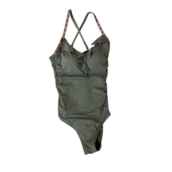 Sundance Other - Sundance Olive Khaki Ruffle Embroidered Cross Strap One Piece Bathing Suit M